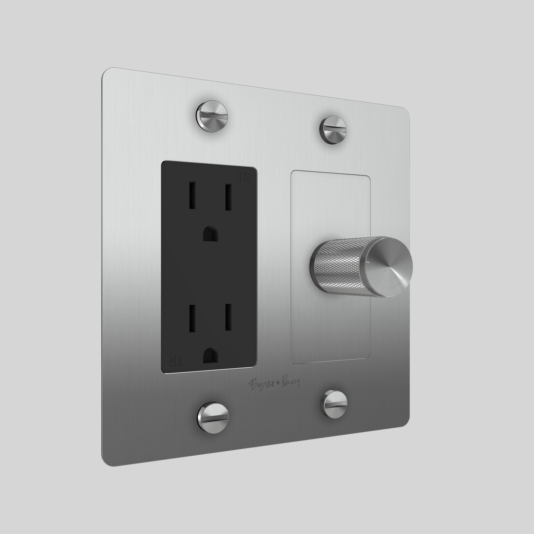 2G DIMMER & DUPLEX OUTLET / CROSS / WITH LOGO / STEEL / STEEL