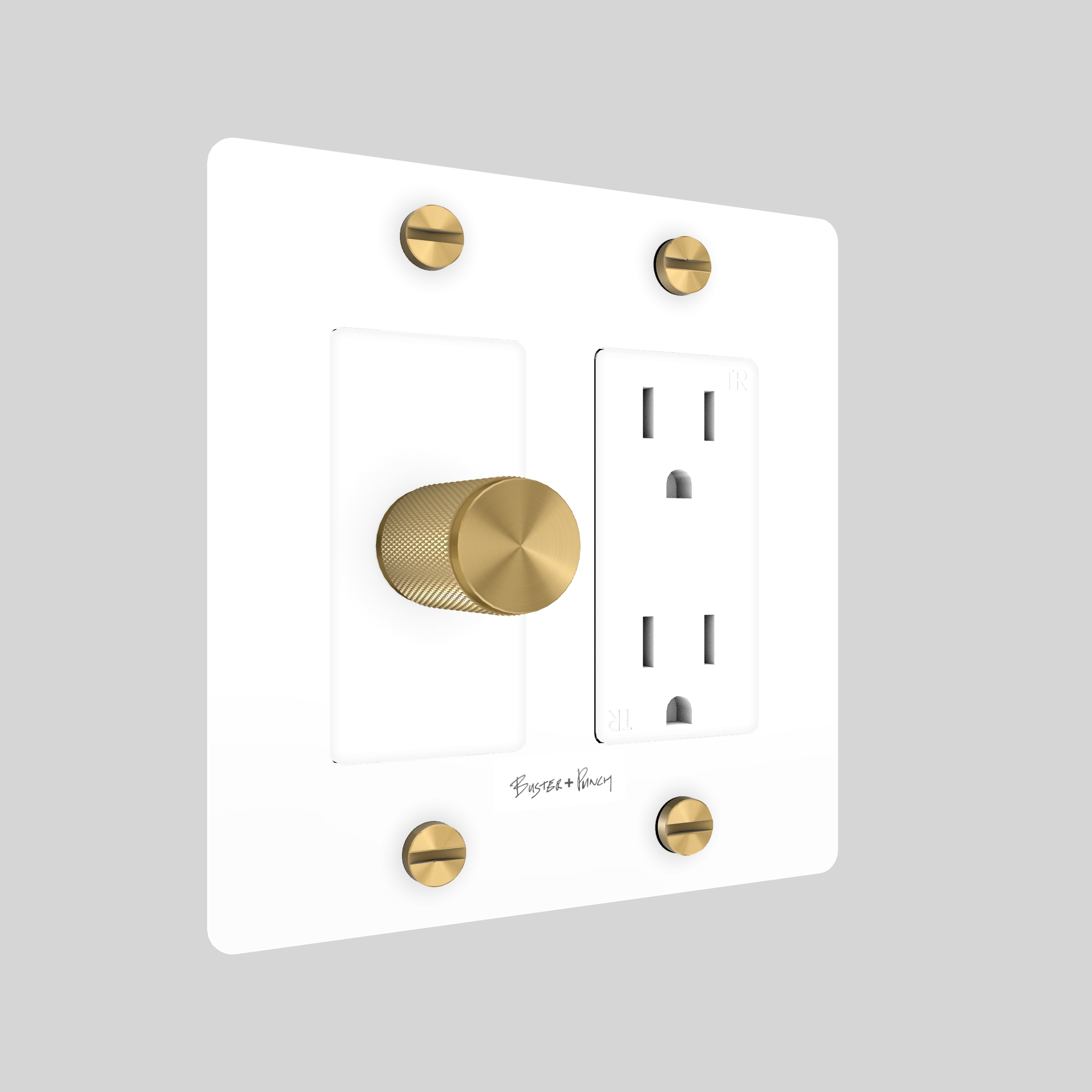 2G DIMMER & DUPLEX OUTLET / CROSS / WITH LOGO / WHITE / BRASS