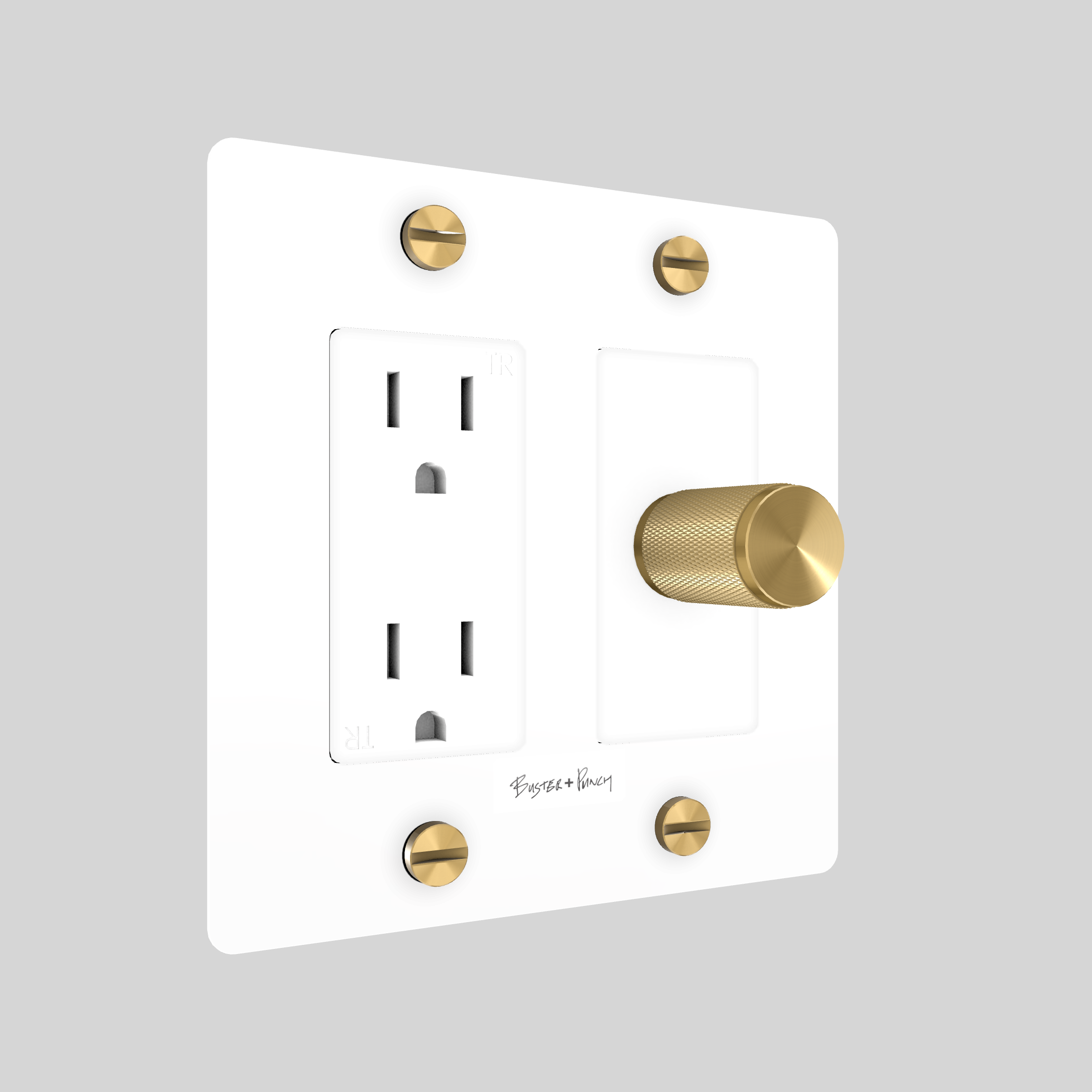 2G DIMMER & DUPLEX OUTLET / CROSS / WITH LOGO / WHITE / BRASS