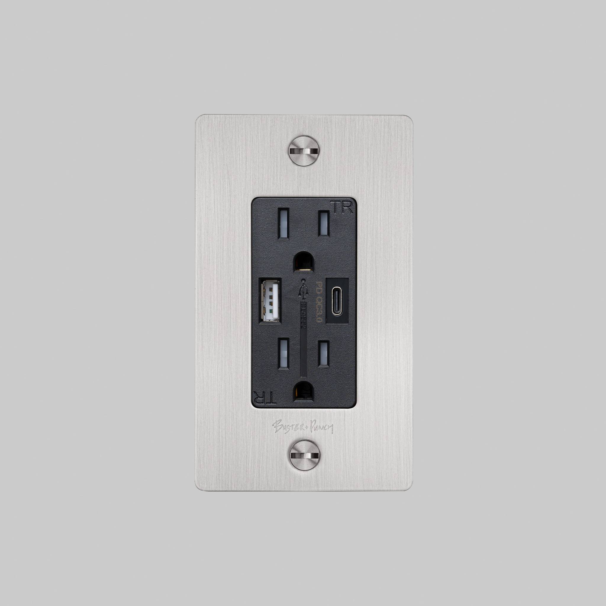 1G DUPLEX OUTLET / COMPLETE / USB-A + C / STEEL