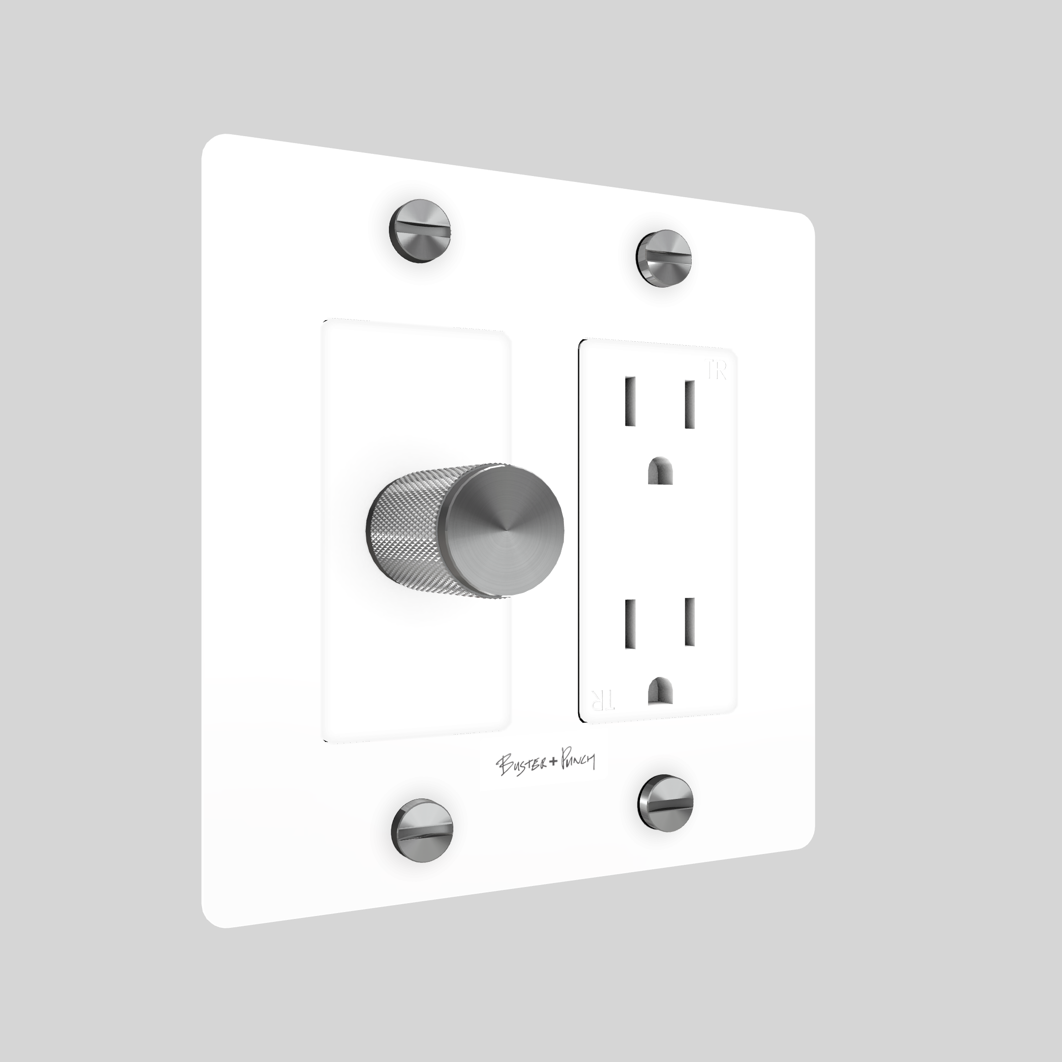 2G DIMMER & DUPLEX OUTLET / CROSS / WITH LOGO / WHITE / STEEL