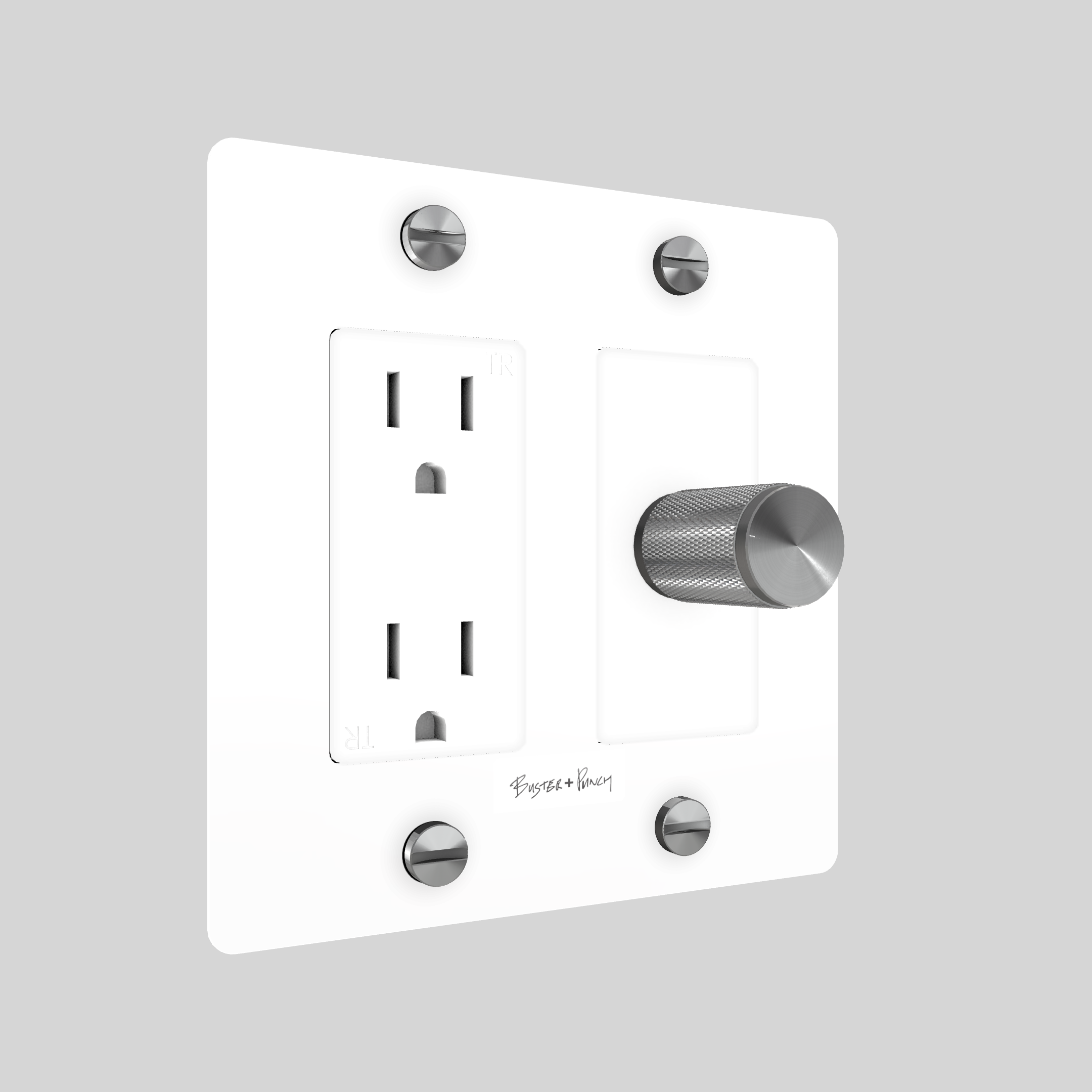 2G DIMMER & DUPLEX OUTLET / CROSS / WITH LOGO / WHITE / STEEL